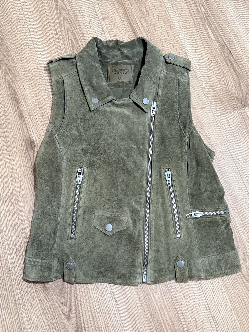 Blank NYC Olive Green Suede Moto Vest with Silver Hardware